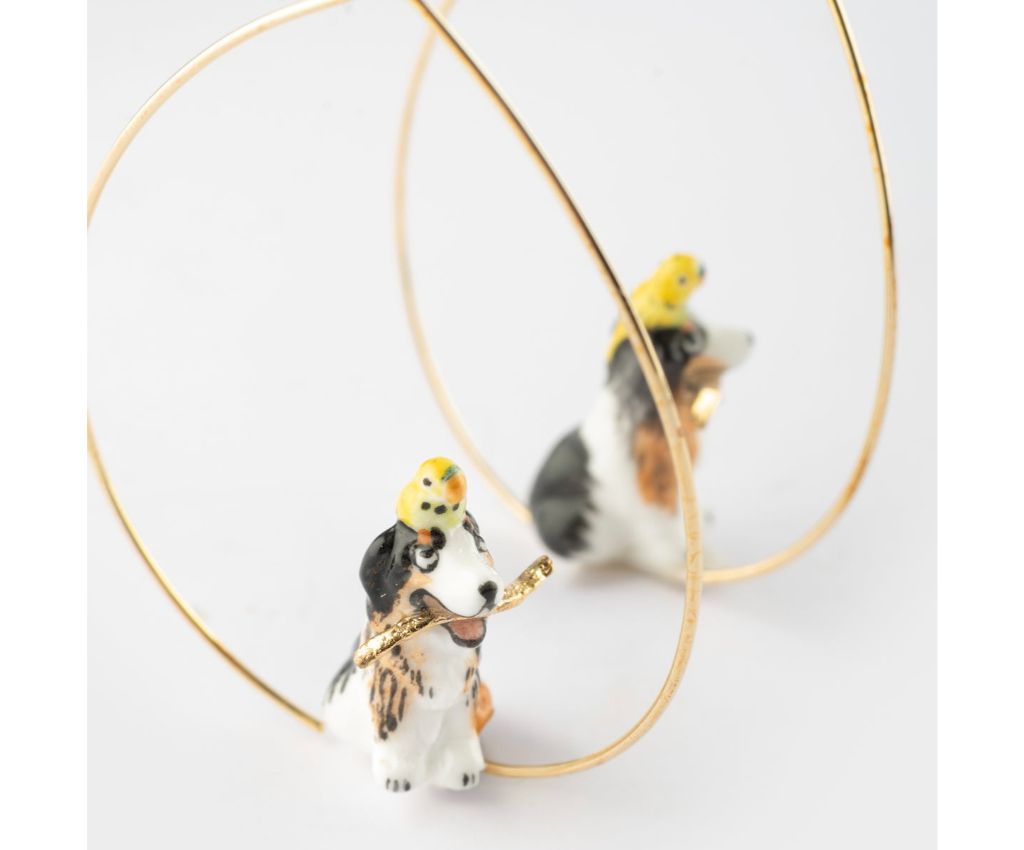 Large Australian Shepherd dog and bird hoop earrings